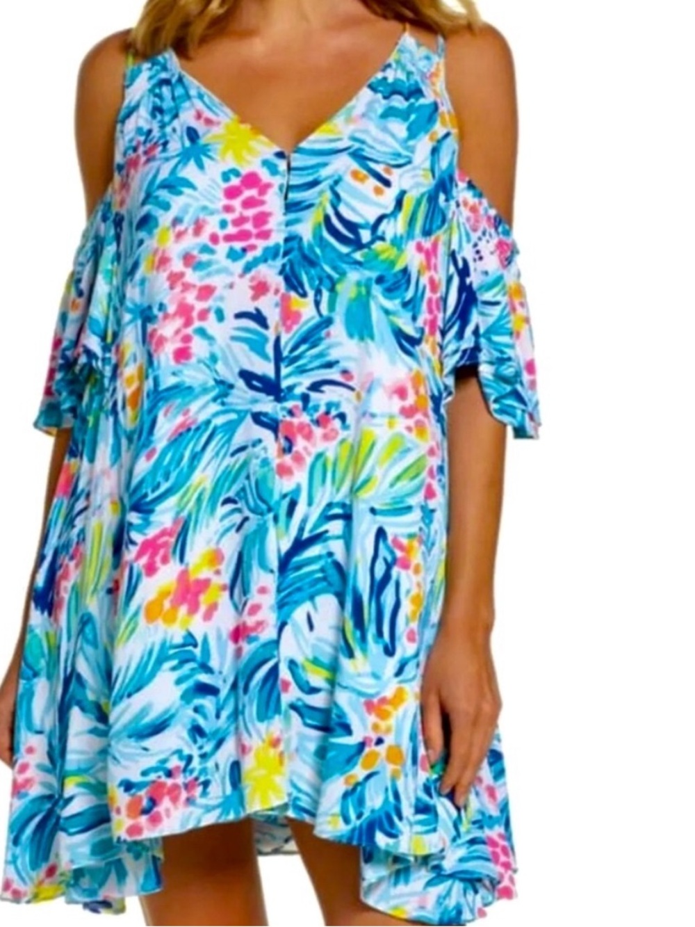 Lilly Pulitzer Blue Multi Cold-Shoulder Floral Beach Cruise vacation Dress